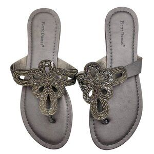 Pierre Dumas Womens Pewter Beaded Sandals Thong Flip Flop  Size 8 New in Box